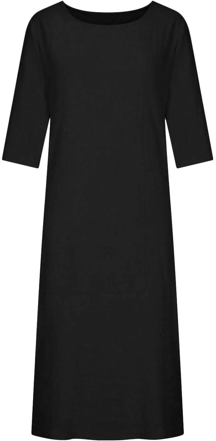 Women's Spring Cotton Linen Casual Loose Shift Tunic Dresses Summer Pleated Tassel Tie Long Sleeve Beach Tshirt Dress