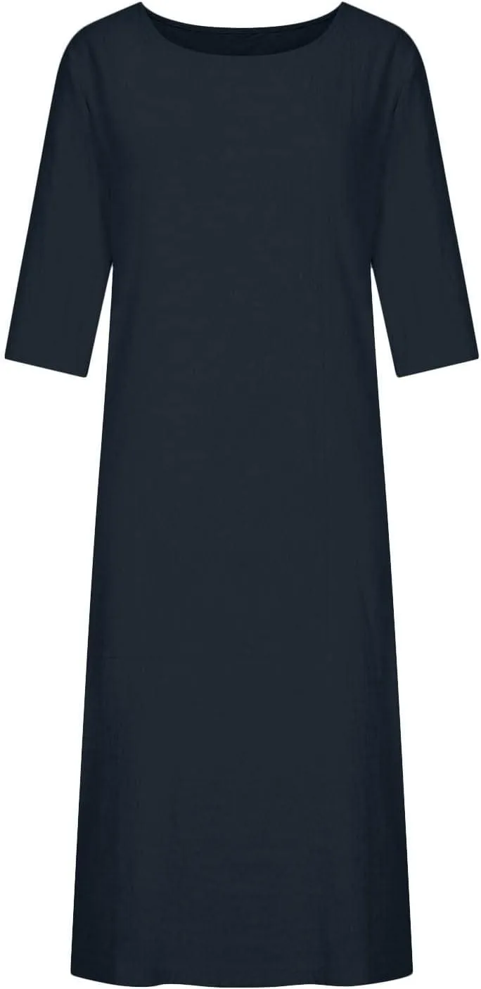 Women's Spring Cotton Linen Casual Loose Shift Tunic Dresses Summer Pleated Tassel Tie Long Sleeve Beach Tshirt Dress