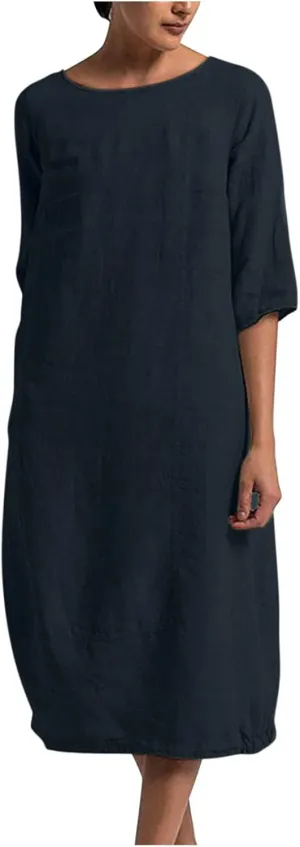 Women's Spring Cotton Linen Casual Loose Shift Tunic Dresses Summer Pleated Tassel Tie Long Sleeve Beach Tshirt Dress