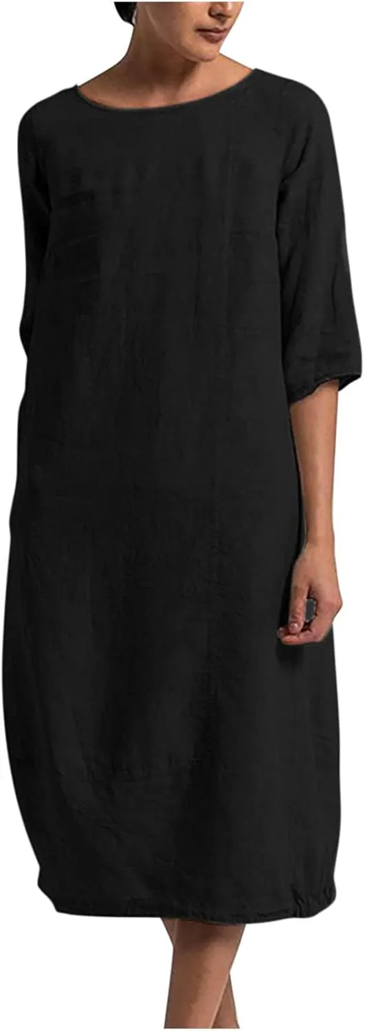Women's Spring Cotton Linen Casual Loose Shift Tunic Dresses Summer Pleated Tassel Tie Long Sleeve Beach Tshirt Dress