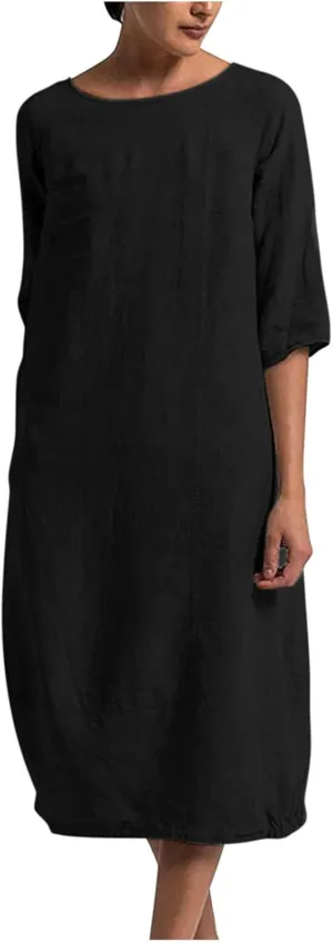 Women's Spring Cotton Linen Casual Loose Shift Tunic Dresses Summer Pleated Tassel Tie Long Sleeve Beach Tshirt Dress