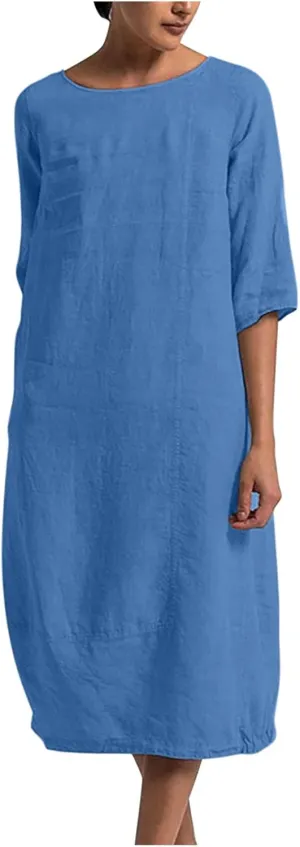 Women's Spring Cotton Linen Casual Loose Shift Tunic Dresses Summer Pleated Tassel Tie Long Sleeve Beach Tshirt Dress