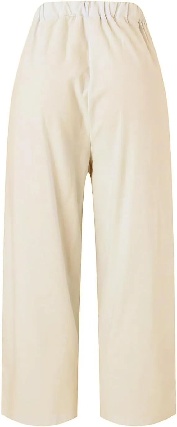 Womens Straight Leg Pants Lightweight Breathable Cotton Linen Pant Fashion Elastic Waist Solid Color Casual Pants