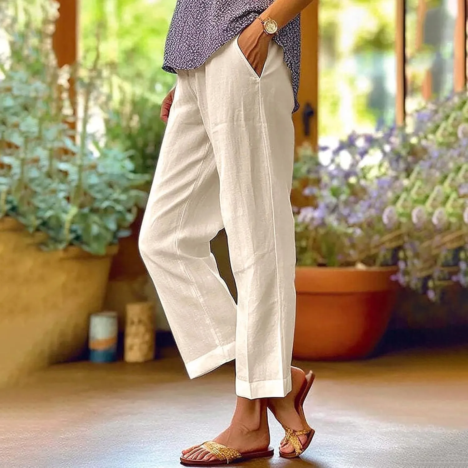 Womens Straight Leg Pants Lightweight Breathable Cotton Linen Pant Fashion Elastic Waist Solid Color Casual Pants
