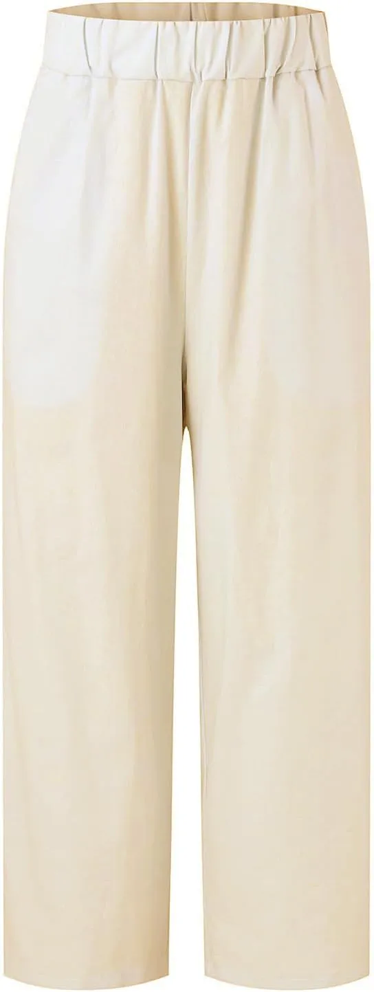 Womens Straight Leg Pants Lightweight Breathable Cotton Linen Pant Fashion Elastic Waist Solid Color Casual Pants