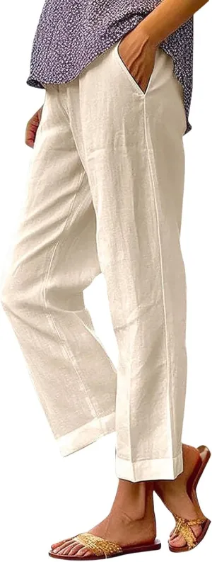 Womens Straight Leg Pants Lightweight Breathable Cotton Linen Pant Fashion Elastic Waist Solid Color Casual Pants