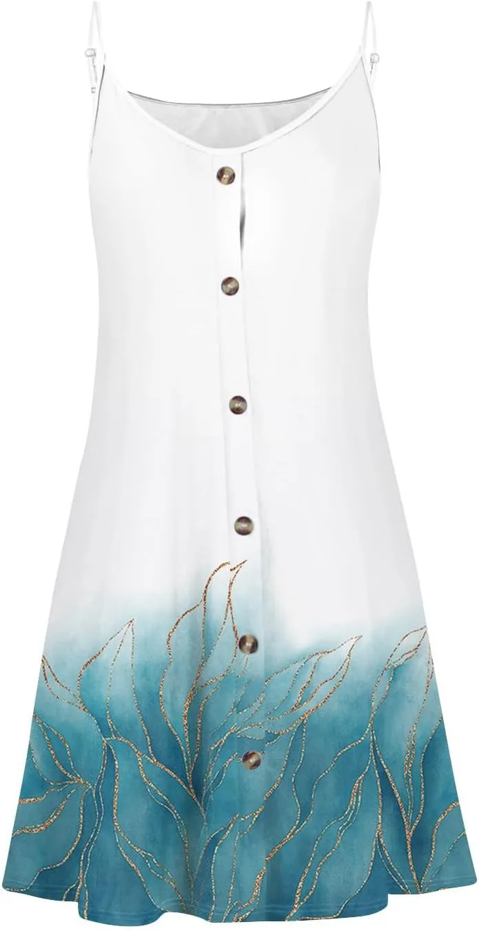 Womens Summer Dresses Floral Beach Mini Dress Button Flowy Sleeveless Beach Cover Up Spaghetti Strap Casual Sundresses