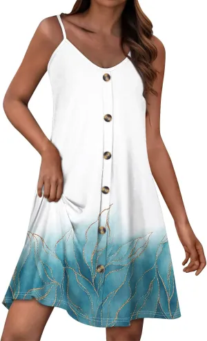 Womens Summer Dresses Floral Beach Mini Dress Button Flowy Sleeveless Beach Cover Up Spaghetti Strap Casual Sundresses