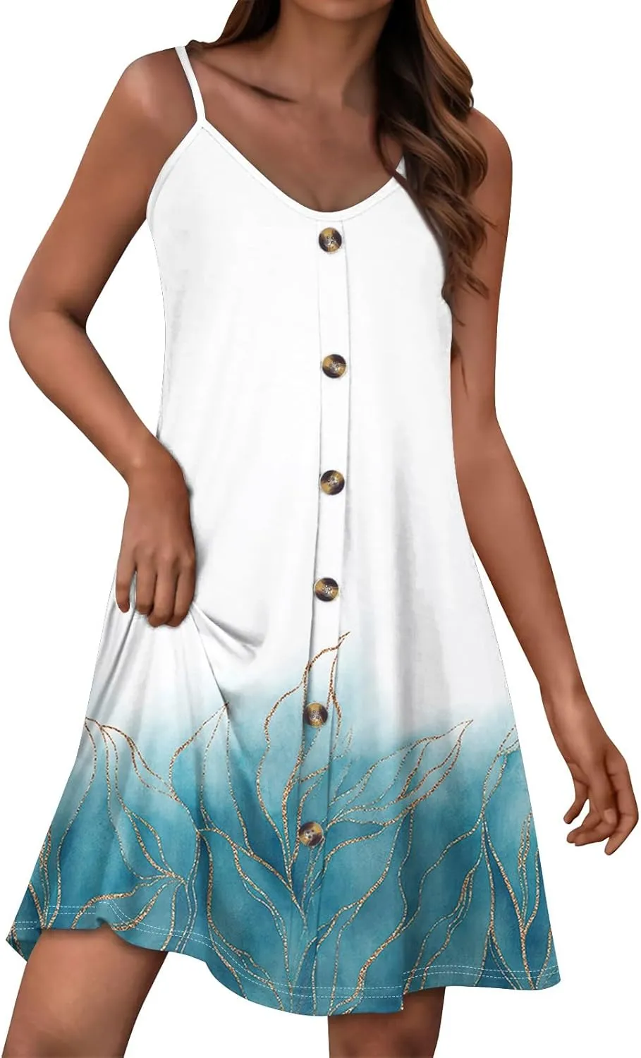 Womens Summer Dresses Floral Beach Mini Dress Button Flowy Sleeveless Beach Cover Up Spaghetti Strap Casual Sundresses