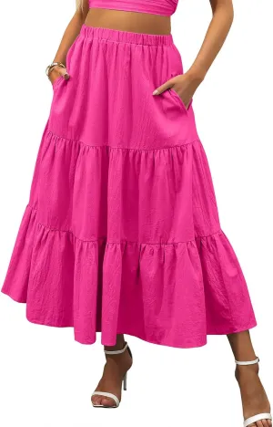 Womens Summer Maxi Skirt High Casual Elastic Waist Flowy Swing Skirts Boho Pleated A-Line Skirt 2025 Fashion