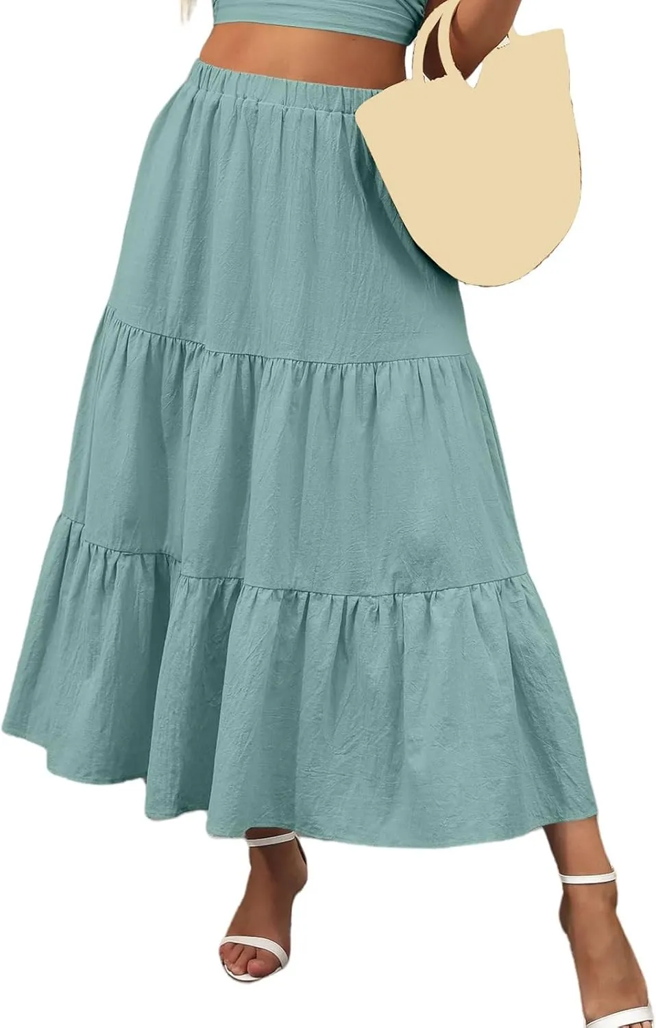 Womens Summer Maxi Skirt High Casual Elastic Waist Flowy Swing Skirts Boho Pleated A-Line Skirt 2025 Fashion