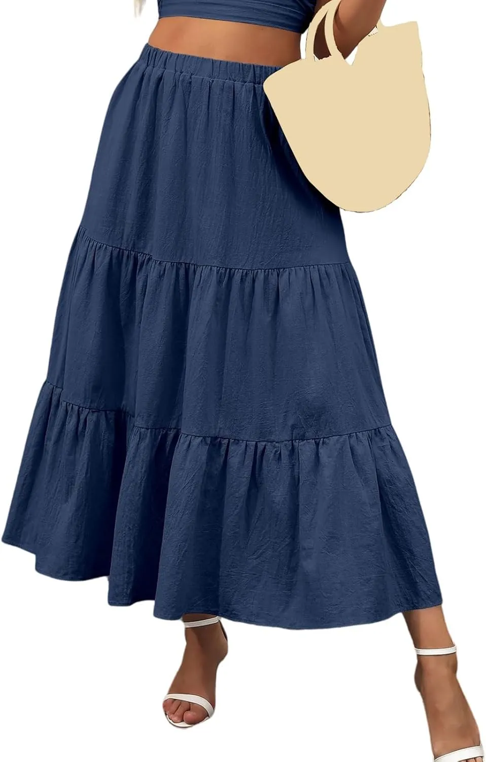 Womens Summer Maxi Skirt High Casual Elastic Waist Flowy Swing Skirts Boho Pleated A-Line Skirt 2025 Fashion