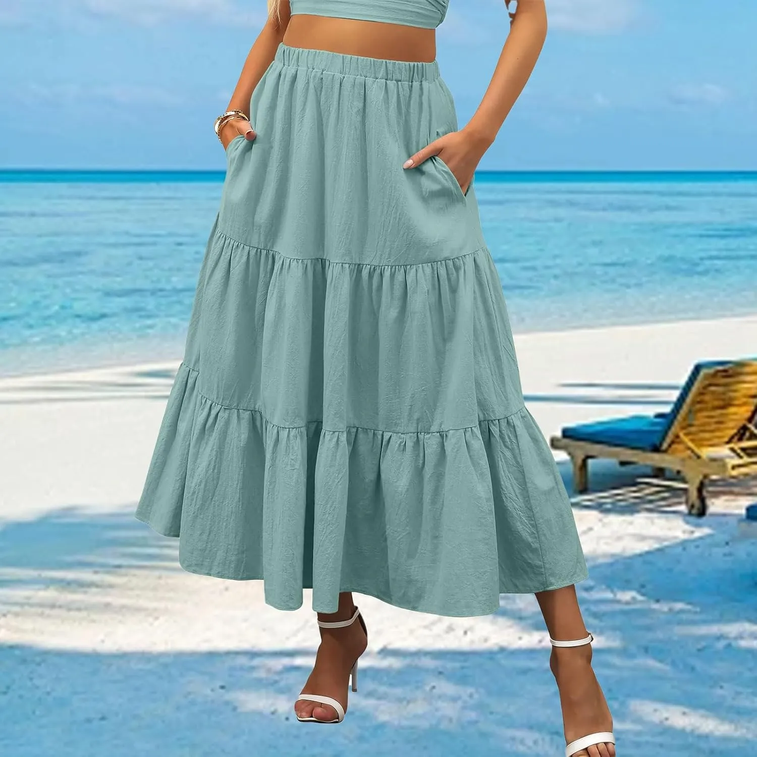 Womens Summer Maxi Skirt High Casual Elastic Waist Flowy Swing Skirts Boho Pleated A-Line Skirt 2025 Fashion