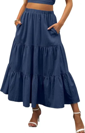 Womens Summer Maxi Skirt High Casual Elastic Waist Flowy Swing Skirts Boho Pleated A-Line Skirt 2025 Fashion