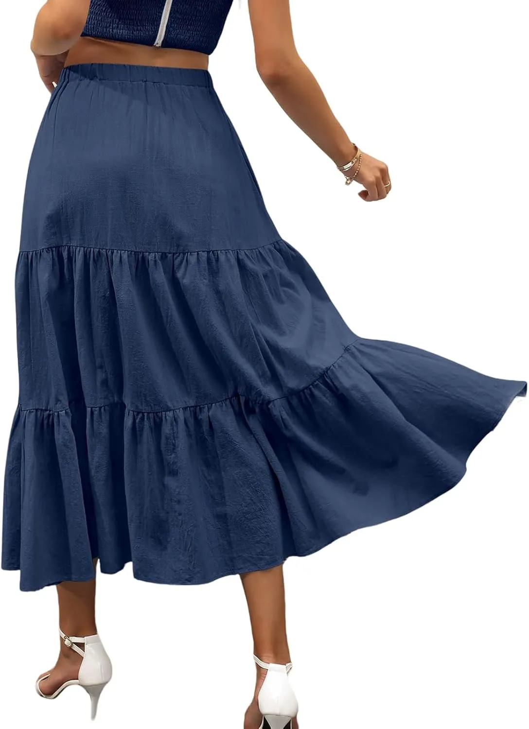Womens Summer Maxi Skirt High Casual Elastic Waist Flowy Swing Skirts Boho Pleated A-Line Skirt 2025 Fashion