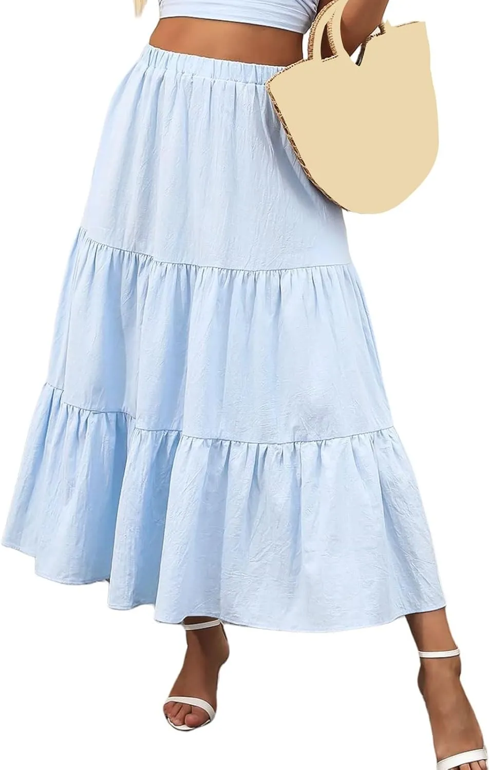 Womens Summer Maxi Skirt High Casual Elastic Waist Flowy Swing Skirts Boho Pleated A-Line Skirt 2025 Fashion