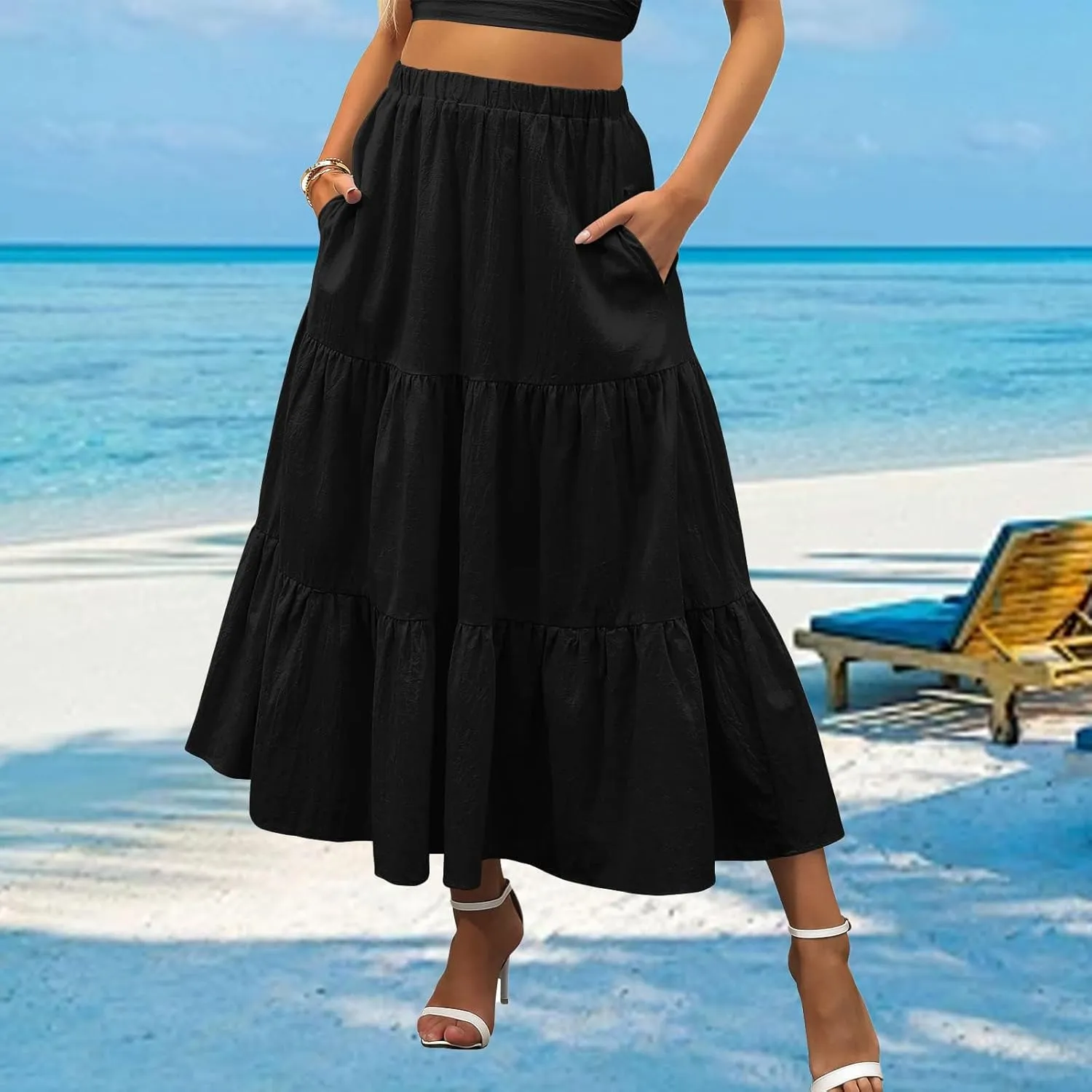 Womens Summer Maxi Skirt High Casual Elastic Waist Flowy Swing Skirts Boho Pleated A-Line Skirt 2025 Fashion