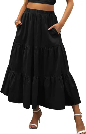 Womens Summer Maxi Skirt High Casual Elastic Waist Flowy Swing Skirts Boho Pleated A-Line Skirt 2025 Fashion