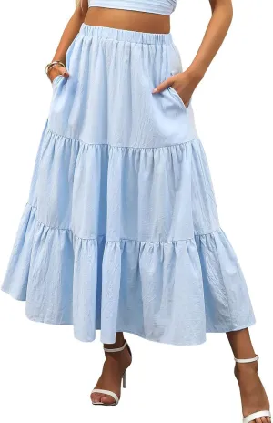Womens Summer Maxi Skirt High Casual Elastic Waist Flowy Swing Skirts Boho Pleated A-Line Skirt 2025 Fashion