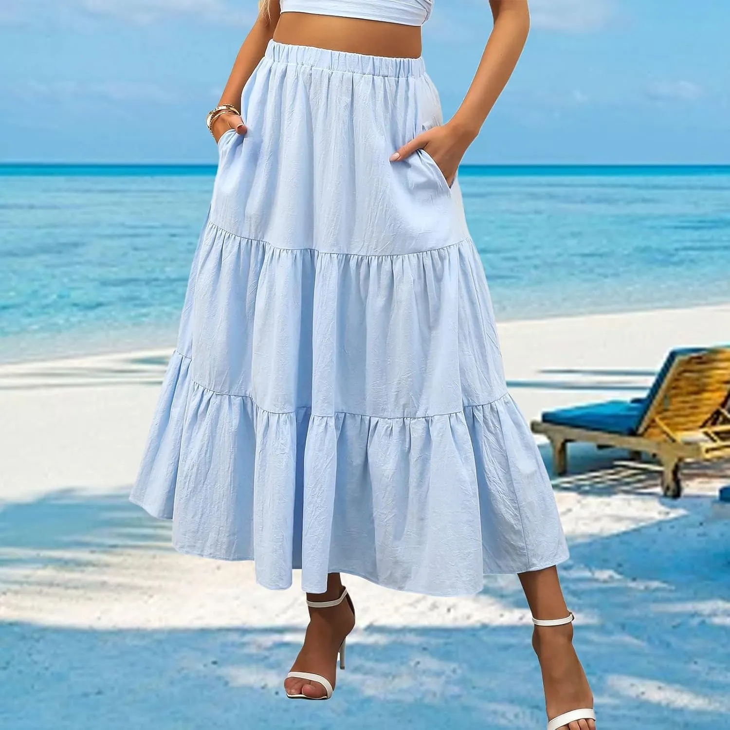 Womens Summer Maxi Skirt High Casual Elastic Waist Flowy Swing Skirts Boho Pleated A-Line Skirt 2025 Fashion