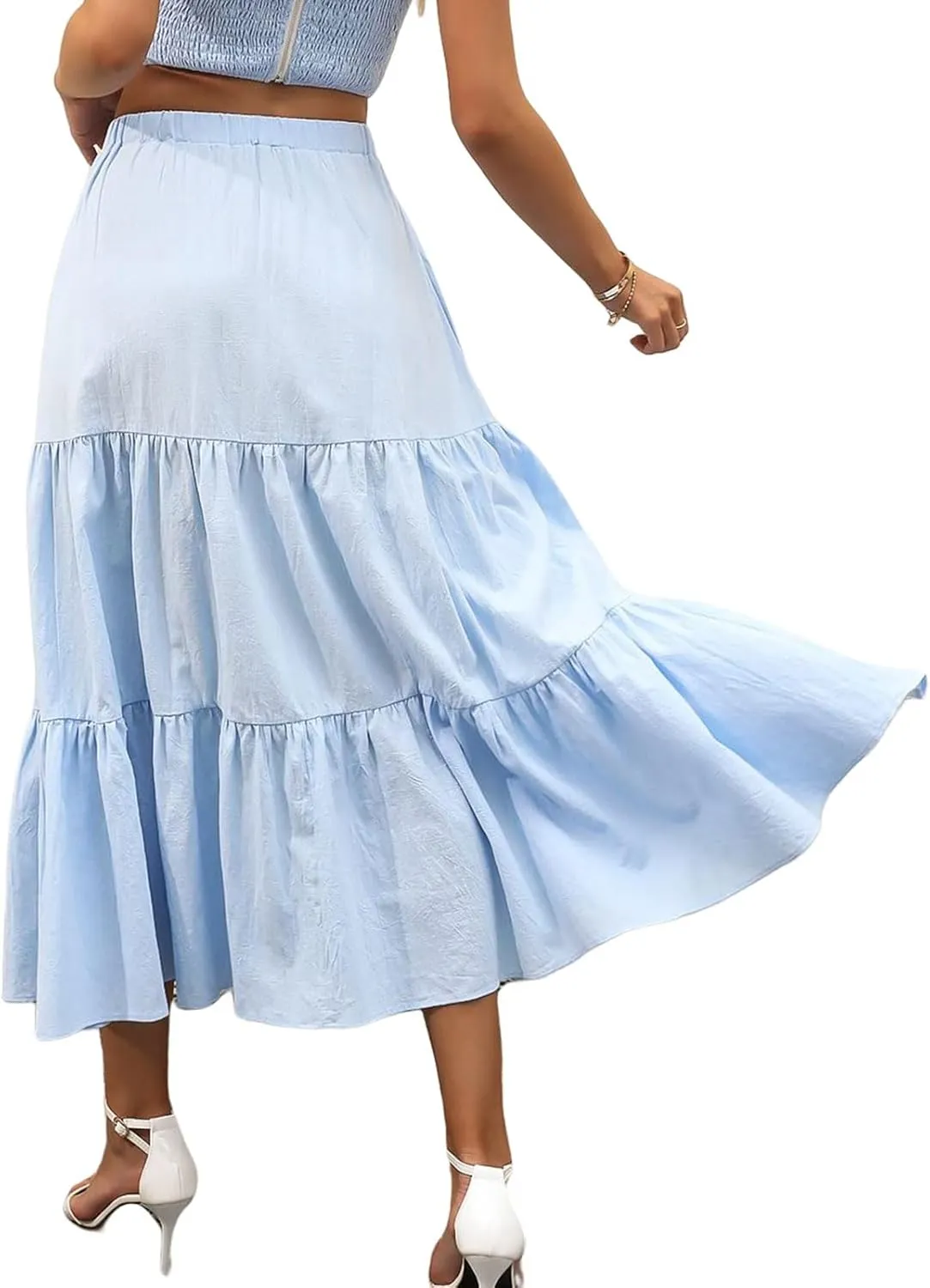 Womens Summer Maxi Skirt High Casual Elastic Waist Flowy Swing Skirts Boho Pleated A-Line Skirt 2025 Fashion