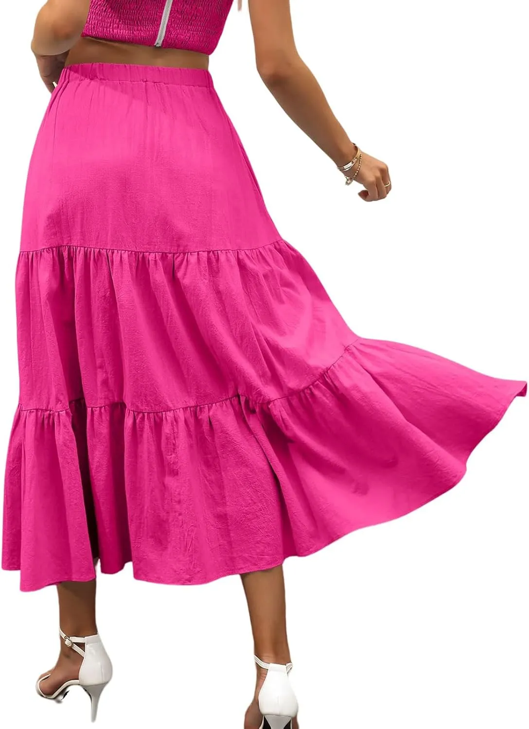Womens Summer Maxi Skirt High Casual Elastic Waist Flowy Swing Skirts Boho Pleated A-Line Skirt 2025 Fashion