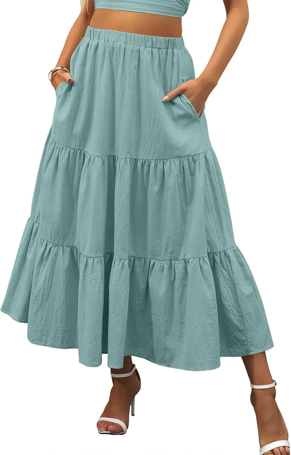 Womens Summer Maxi Skirt High Casual Elastic Waist Flowy Swing Skirts Boho Pleated A-Line Skirt 2025 Fashion