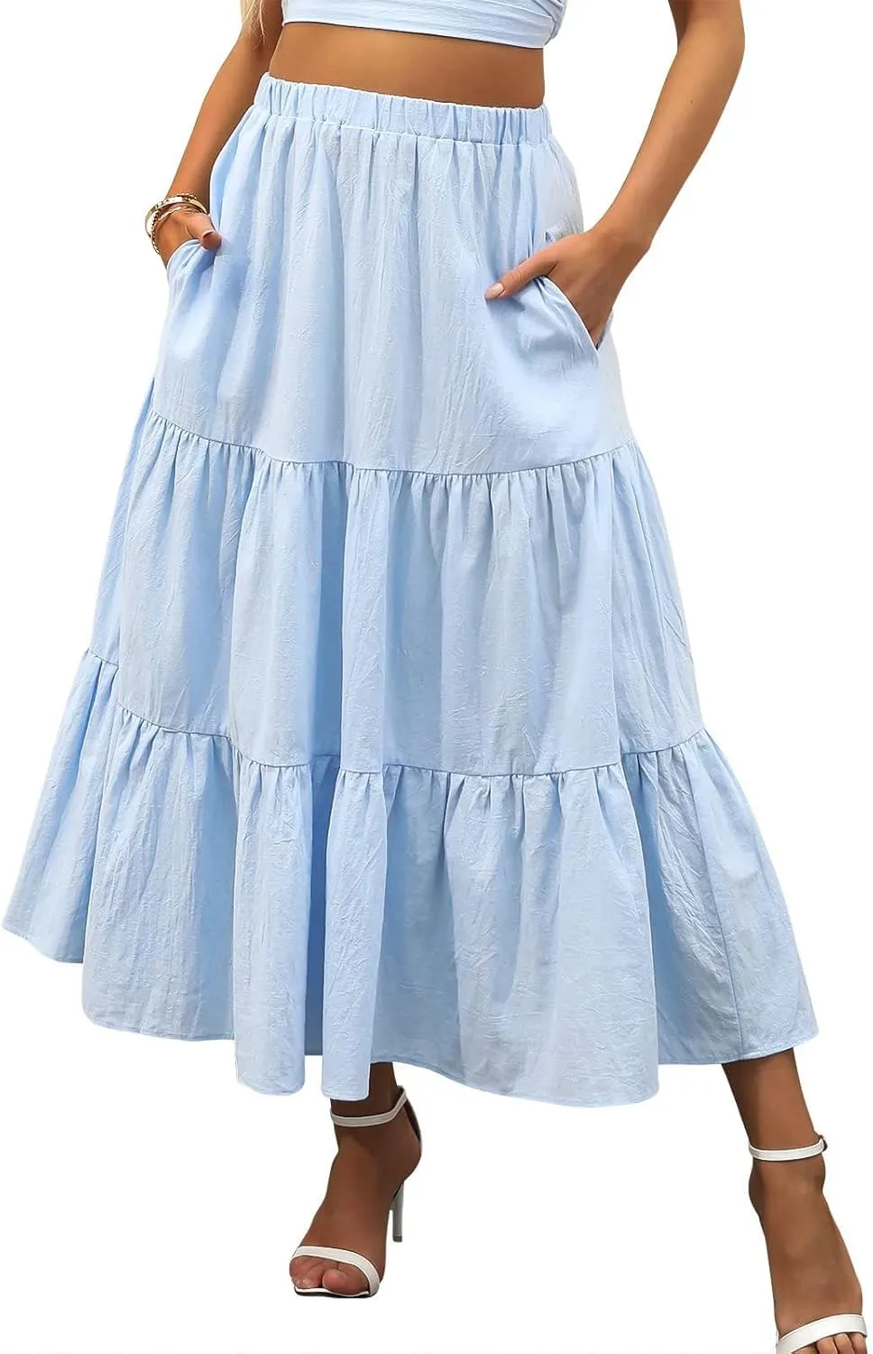 Womens Summer Maxi Skirt High Casual Elastic Waist Flowy Swing Skirts Boho Pleated A-Line Skirt 2025 Fashion