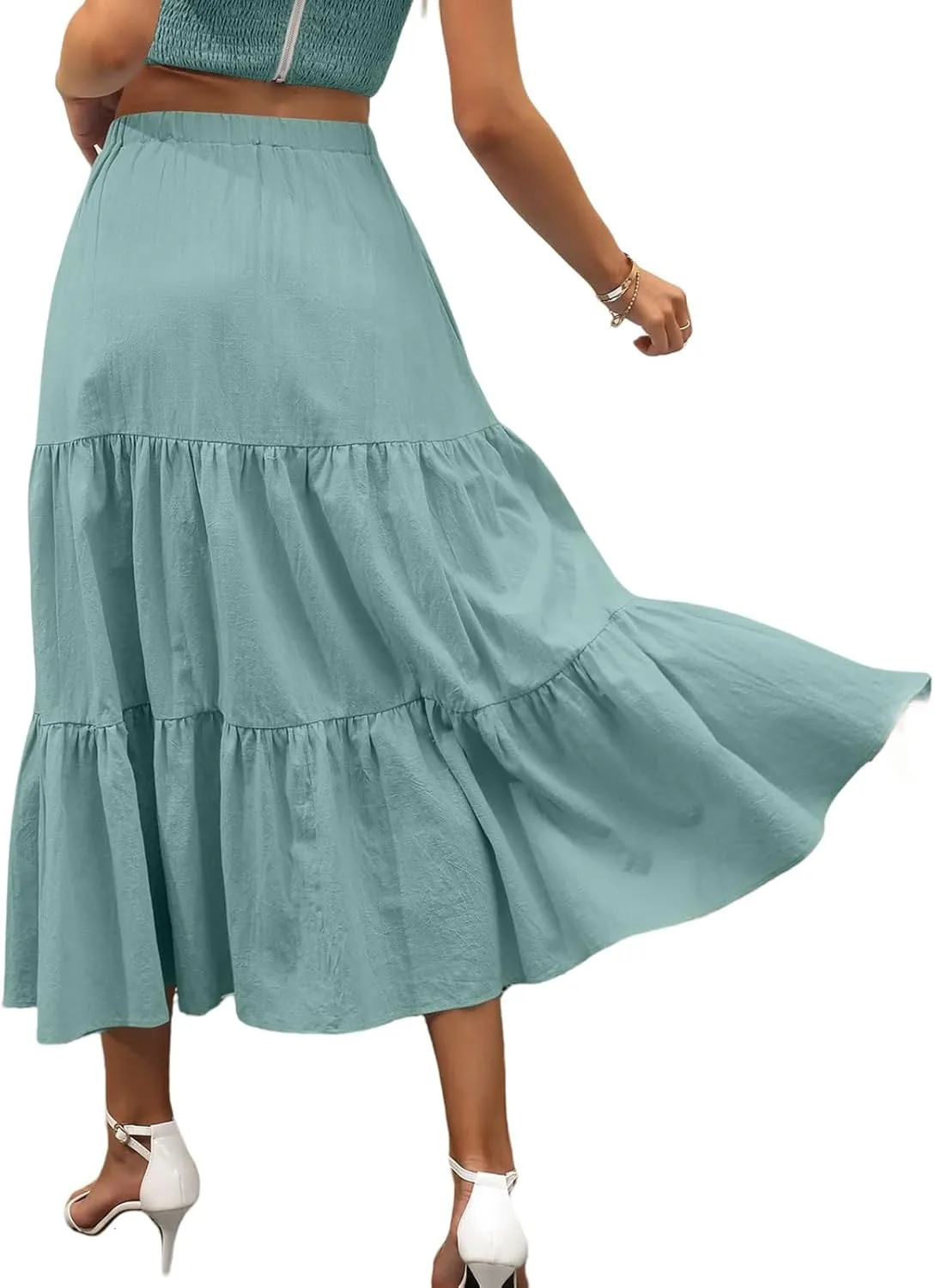 Womens Summer Maxi Skirt High Casual Elastic Waist Flowy Swing Skirts Boho Pleated A-Line Skirt 2025 Fashion