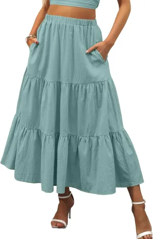 Womens Summer Maxi Skirt High Casual Elastic Waist Flowy Swing Skirts Boho Pleated A-Line Skirt 2025 Fashion