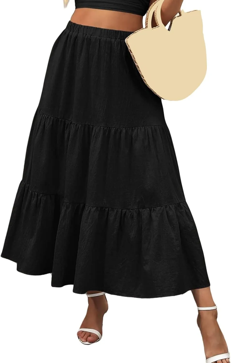 Womens Summer Maxi Skirt High Casual Elastic Waist Flowy Swing Skirts Boho Pleated A-Line Skirt 2025 Fashion