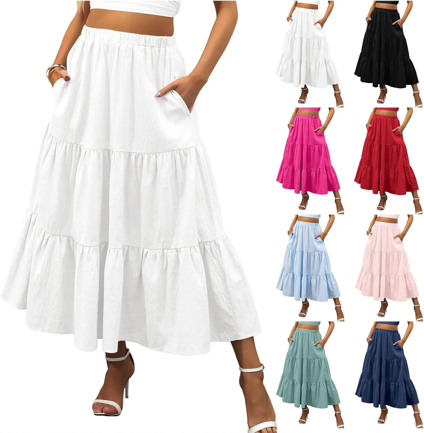 Womens Summer Maxi Skirt High Casual Elastic Waist Flowy Swing Skirts Boho Pleated A-Line Skirt 2025 Fashion