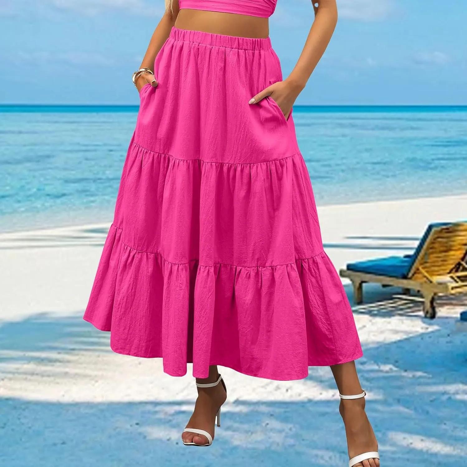 Womens Summer Maxi Skirt High Casual Elastic Waist Flowy Swing Skirts Boho Pleated A-Line Skirt 2025 Fashion