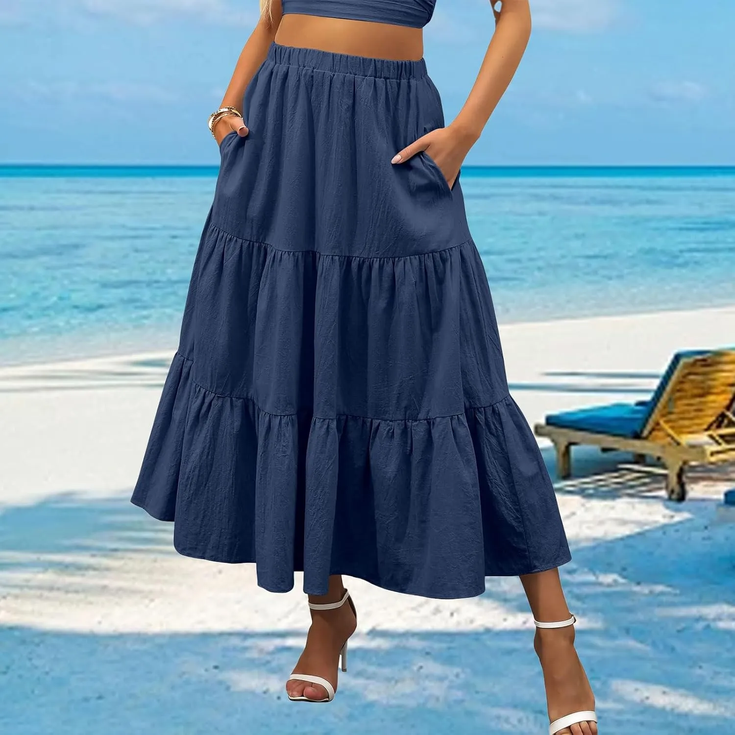 Womens Summer Maxi Skirt High Casual Elastic Waist Flowy Swing Skirts Boho Pleated A-Line Skirt 2025 Fashion