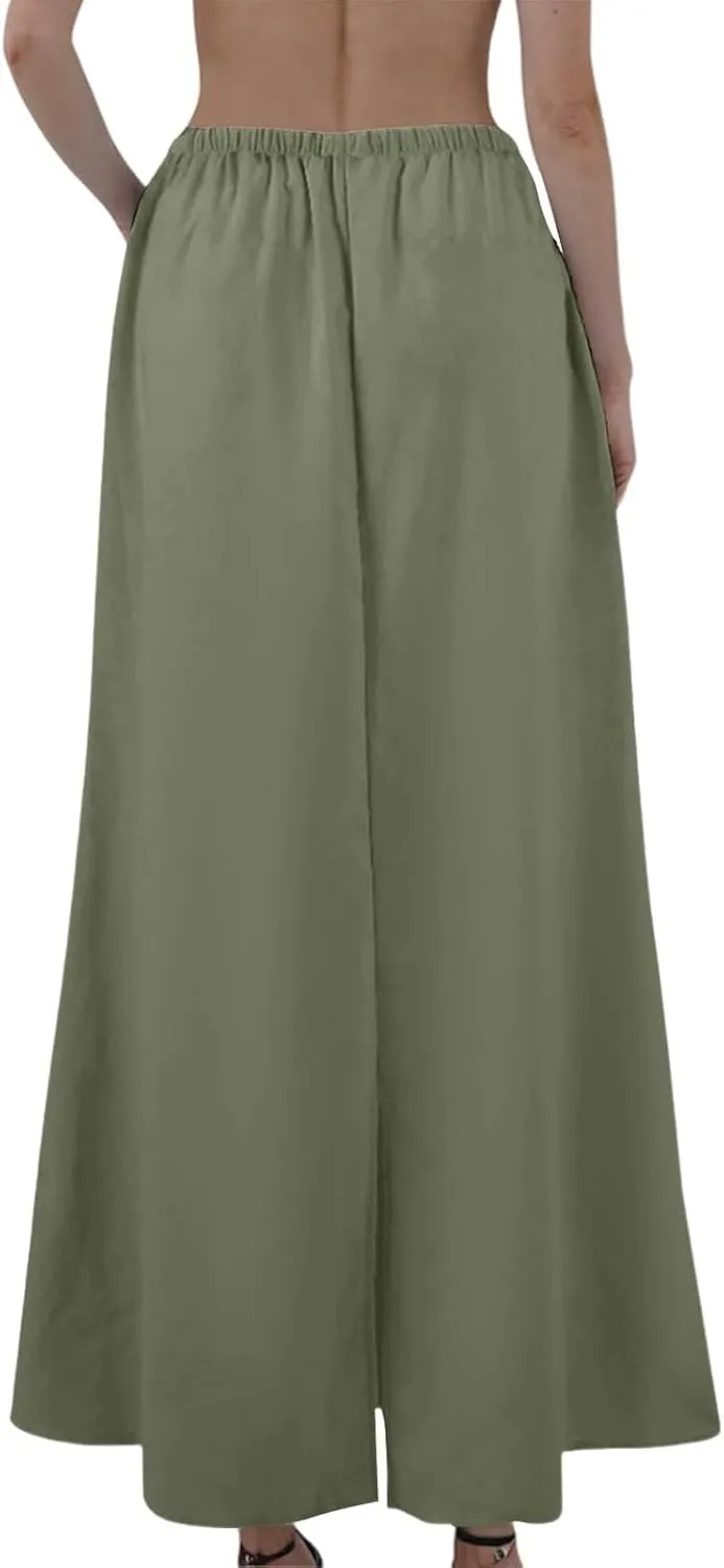 Women's Summer Skirts Linen Maxi Skirts Back Slit Elastic High Waisted A Line Skirt Beach Drawstring Long Skirts