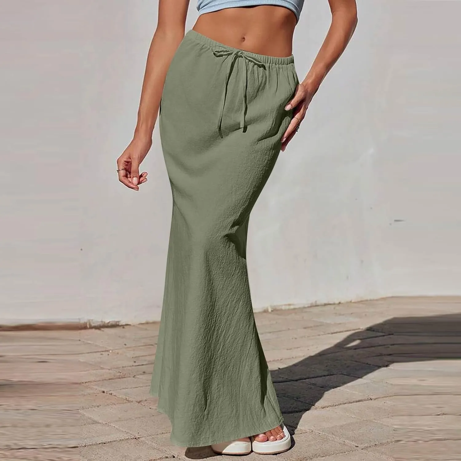 Women's Summer Skirts Linen Maxi Skirts Back Slit Elastic High Waisted A Line Skirt Beach Drawstring Long Skirts