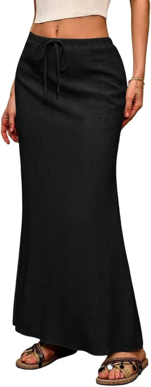 Women's Summer Skirts Linen Maxi Skirts Back Slit Elastic High Waisted A Line Skirt Beach Drawstring Long Skirts