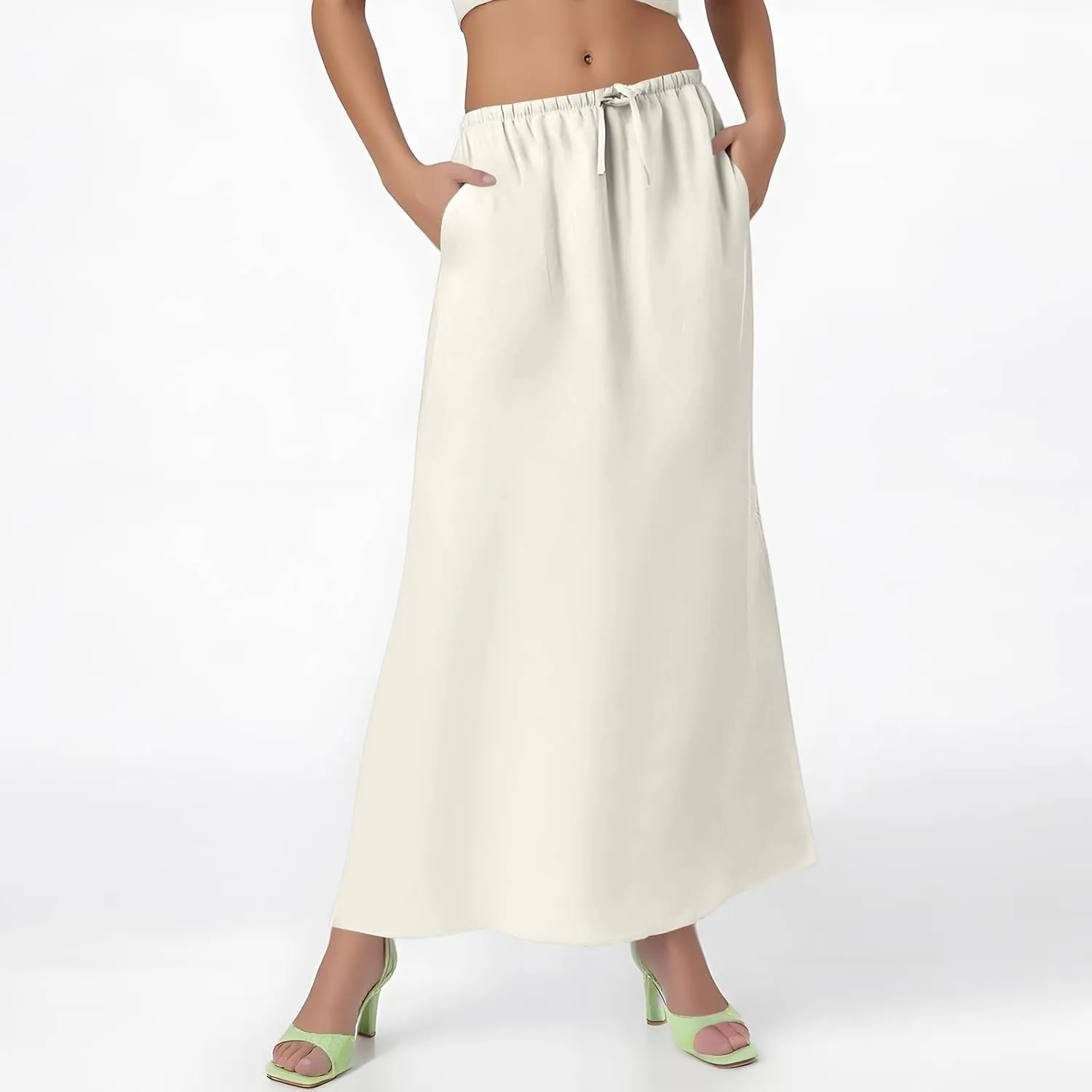 Women's Summer Skirts Linen Maxi Skirts Back Slit Elastic High Waisted A Line Skirt Beach Drawstring Long Skirts