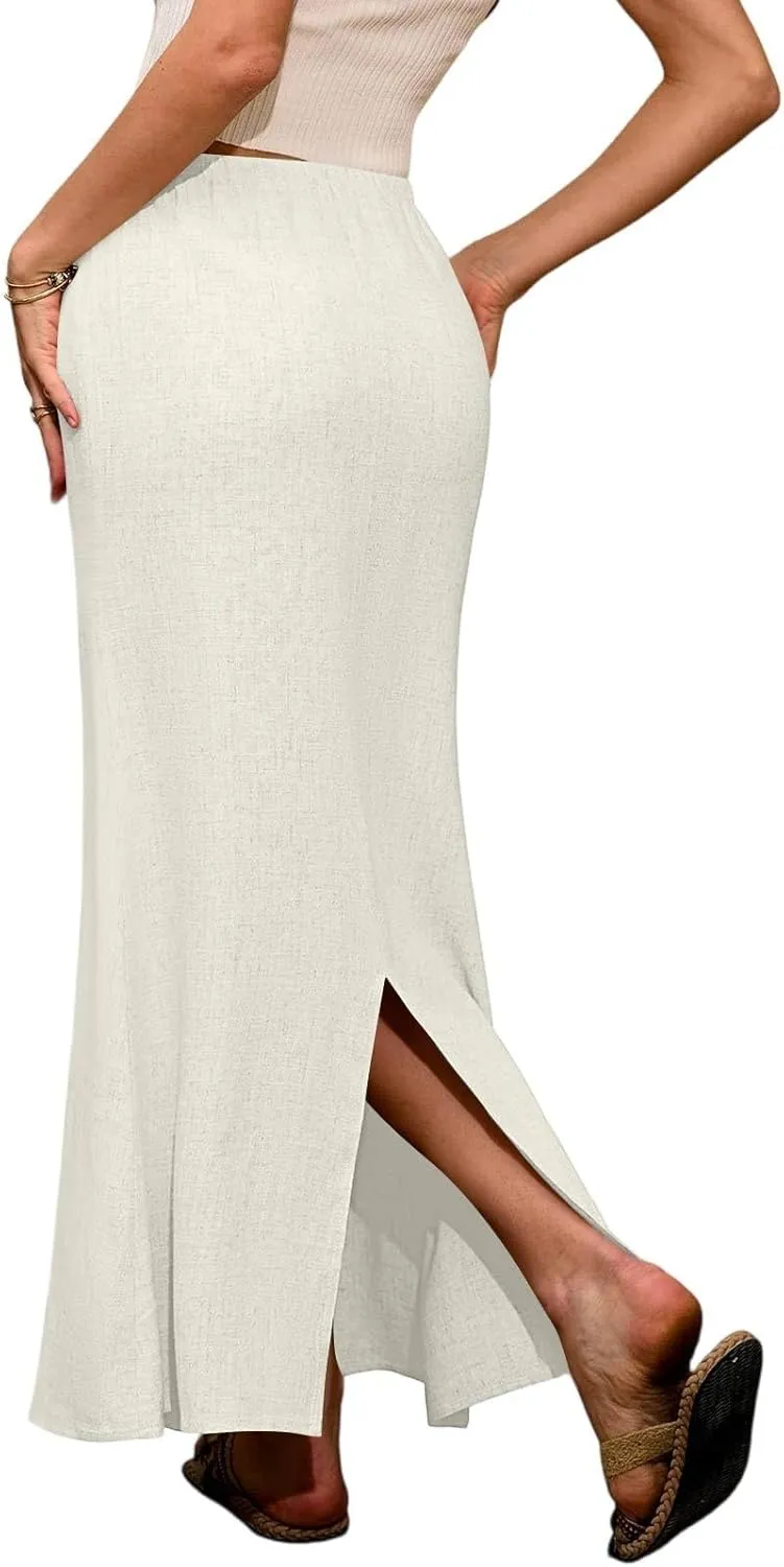 Women's Summer Skirts Linen Maxi Skirts Back Slit Elastic High Waisted A Line Skirt Beach Drawstring Long Skirts