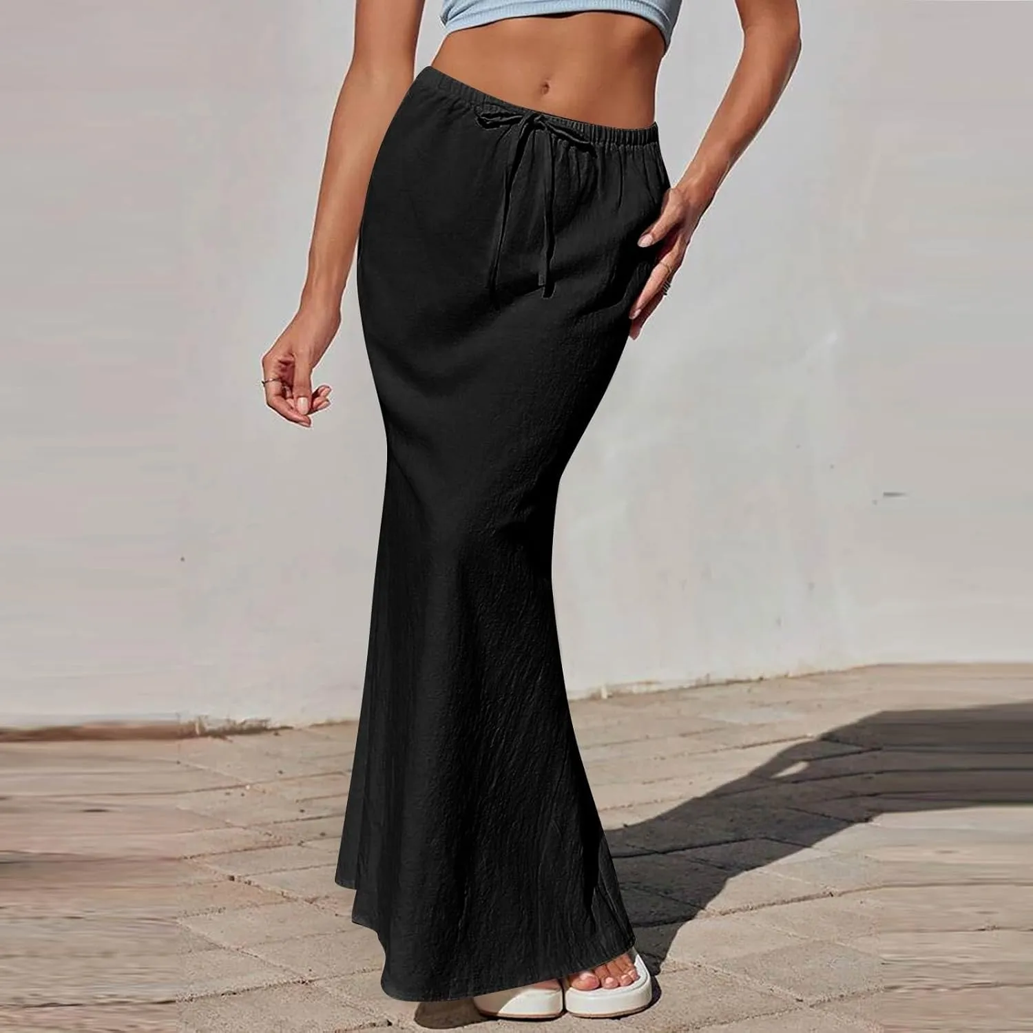 Women's Summer Skirts Linen Maxi Skirts Back Slit Elastic High Waisted A Line Skirt Beach Drawstring Long Skirts