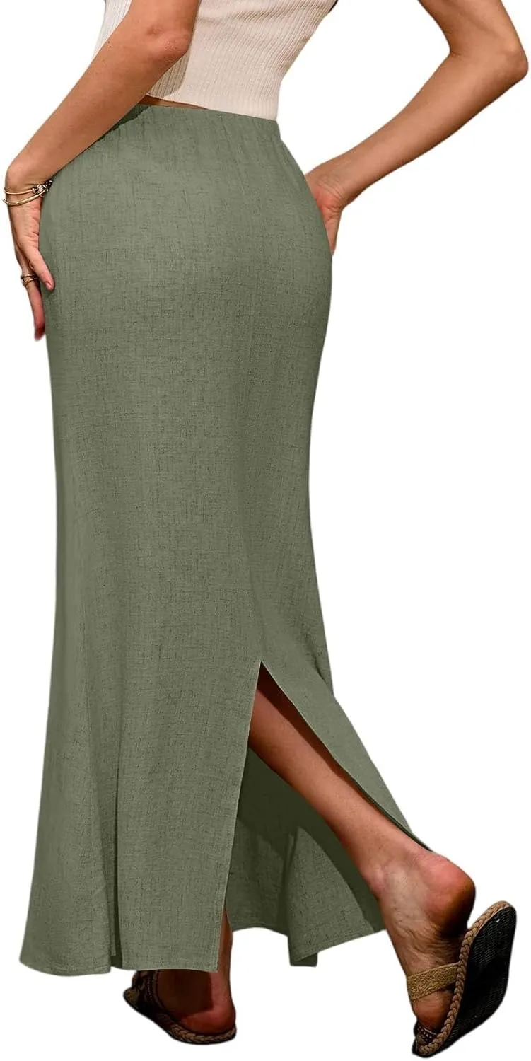 Women's Summer Skirts Linen Maxi Skirts Back Slit Elastic High Waisted A Line Skirt Beach Drawstring Long Skirts
