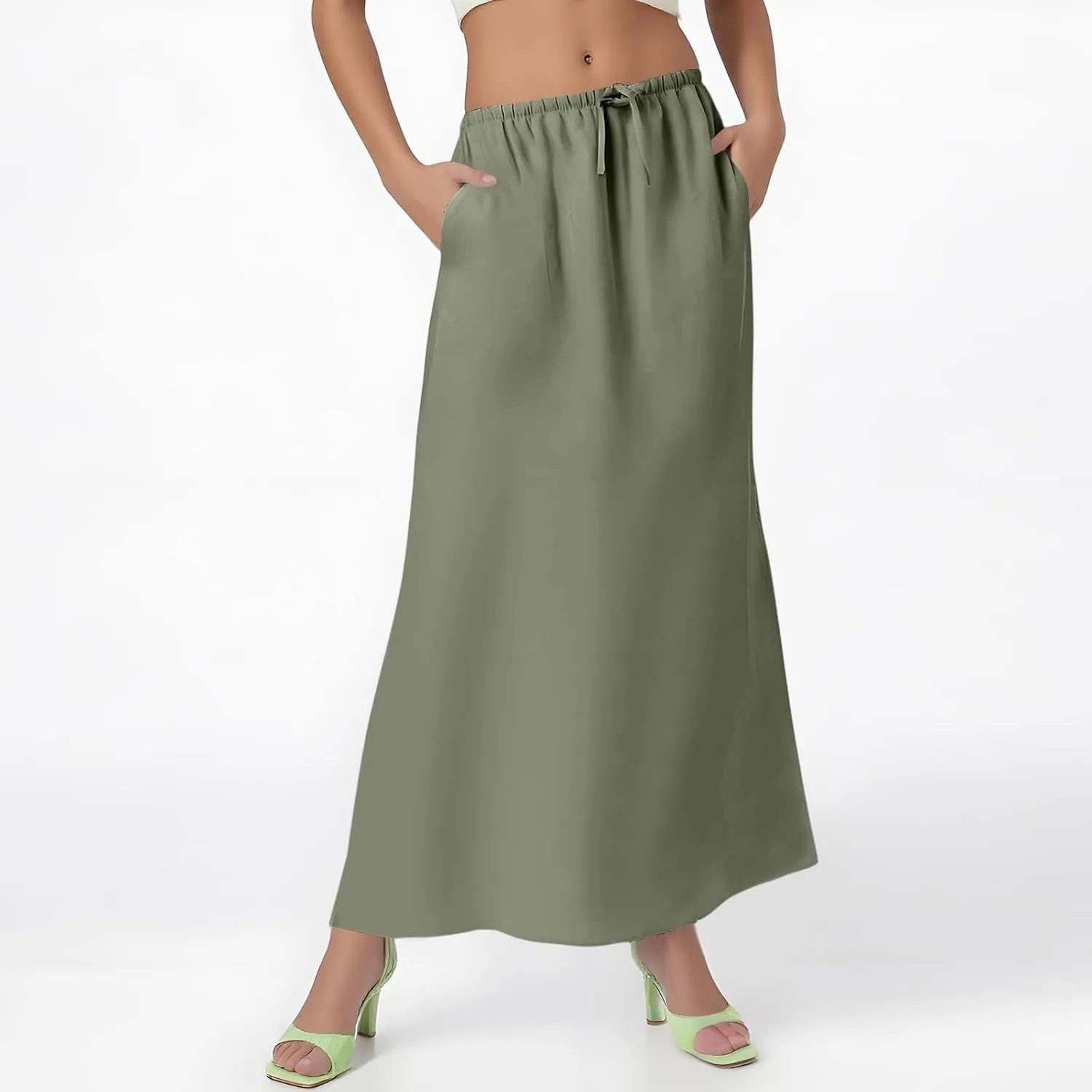 Women's Summer Skirts Linen Maxi Skirts Back Slit Elastic High Waisted A Line Skirt Beach Drawstring Long Skirts