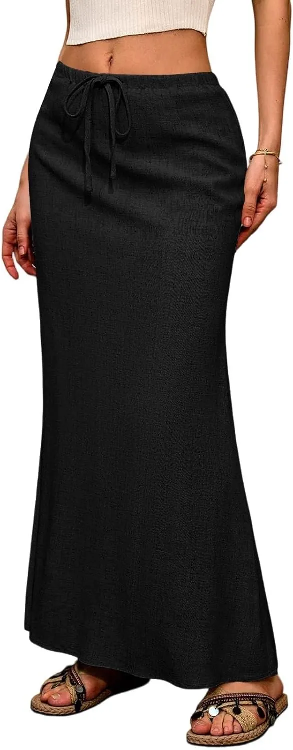 Women's Summer Skirts Linen Maxi Skirts Back Slit Elastic High Waisted A Line Skirt Beach Drawstring Long Skirts