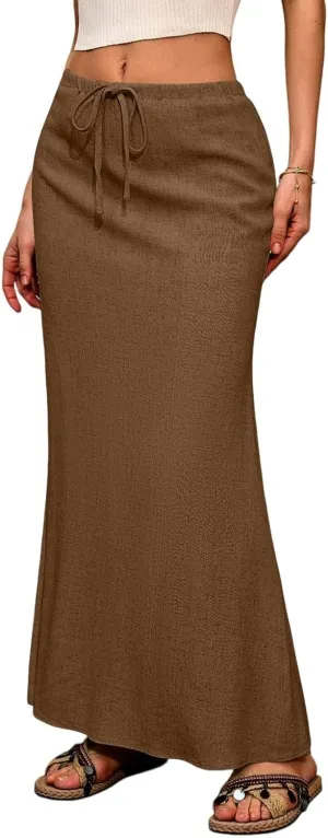 Women's Summer Skirts Linen Maxi Skirts Back Slit Elastic High Waisted A Line Skirt Beach Drawstring Long Skirts