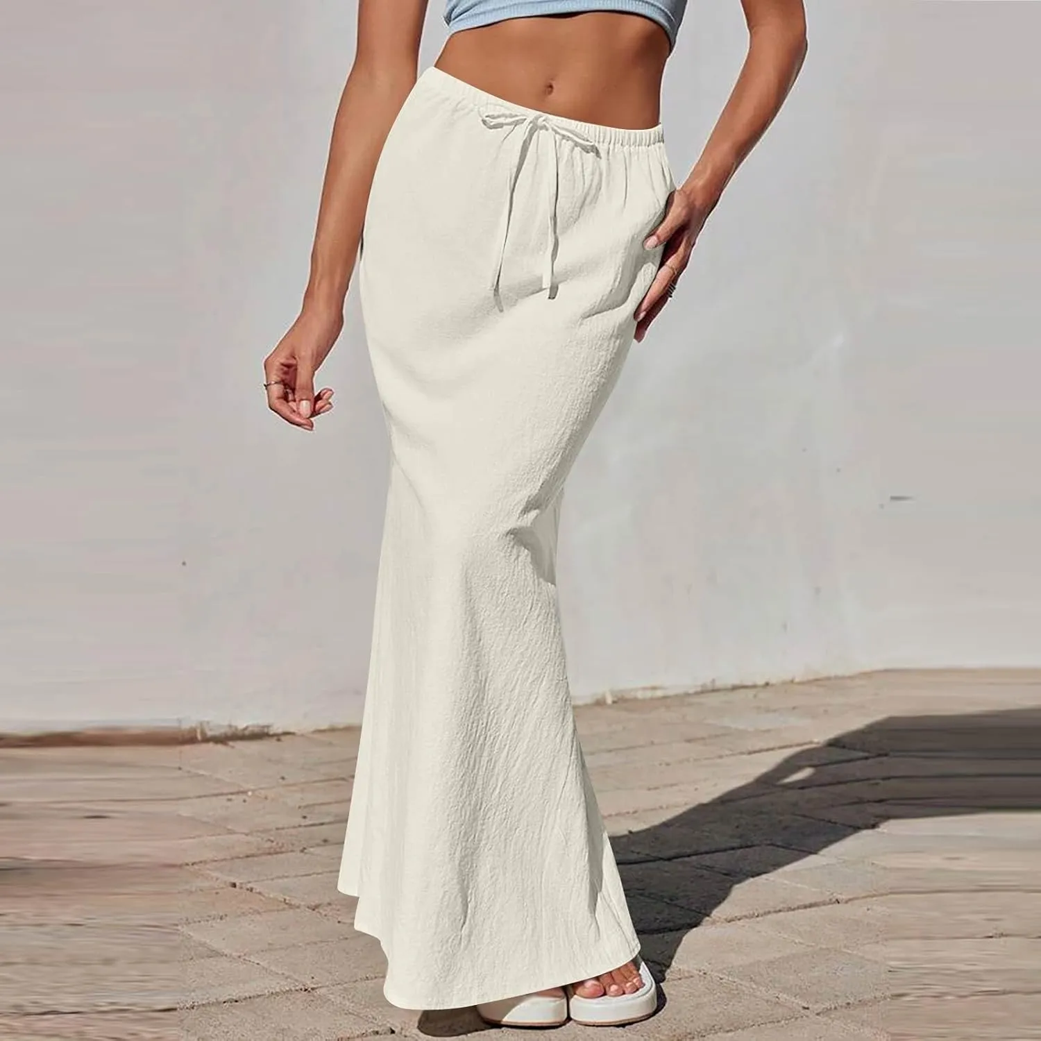 Women's Summer Skirts Linen Maxi Skirts Back Slit Elastic High Waisted A Line Skirt Beach Drawstring Long Skirts