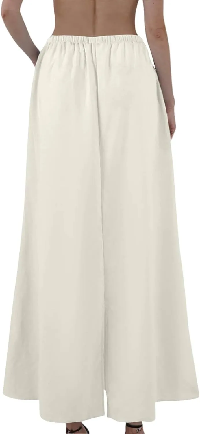 Women's Summer Skirts Linen Maxi Skirts Back Slit Elastic High Waisted A Line Skirt Beach Drawstring Long Skirts