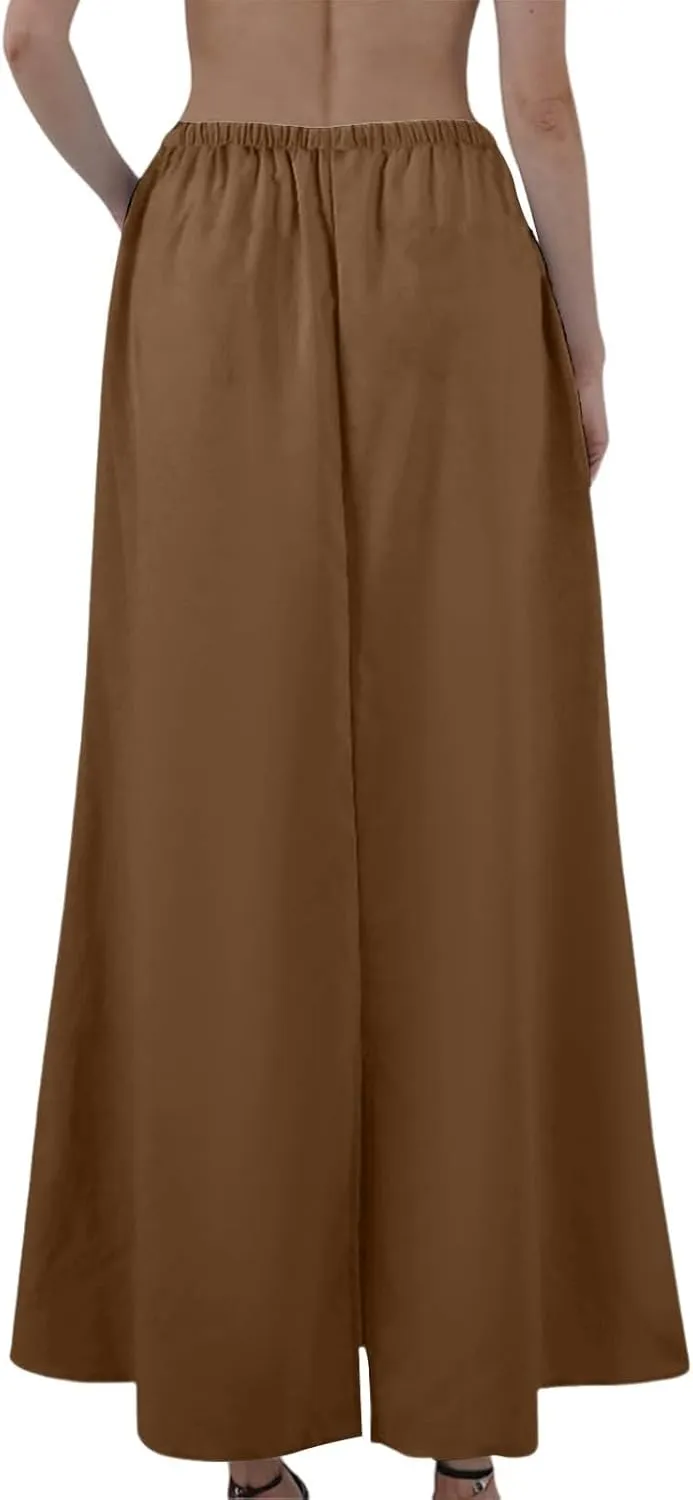 Women's Summer Skirts Linen Maxi Skirts Back Slit Elastic High Waisted A Line Skirt Beach Drawstring Long Skirts