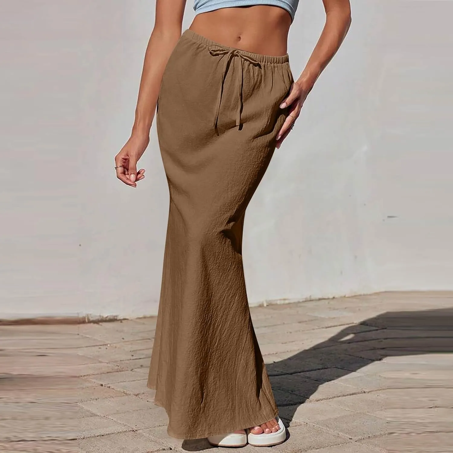 Women's Summer Skirts Linen Maxi Skirts Back Slit Elastic High Waisted A Line Skirt Beach Drawstring Long Skirts