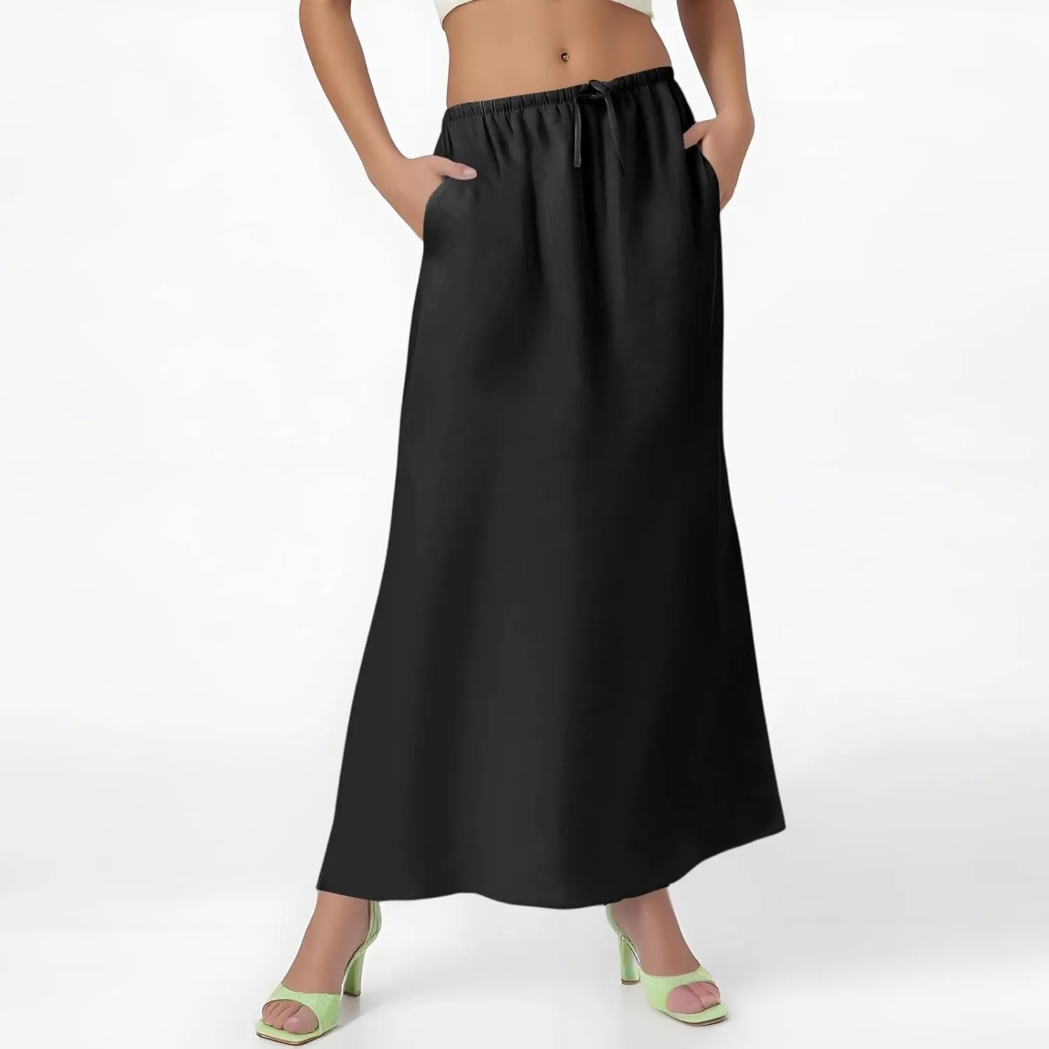 Women's Summer Skirts Linen Maxi Skirts Back Slit Elastic High Waisted A Line Skirt Beach Drawstring Long Skirts