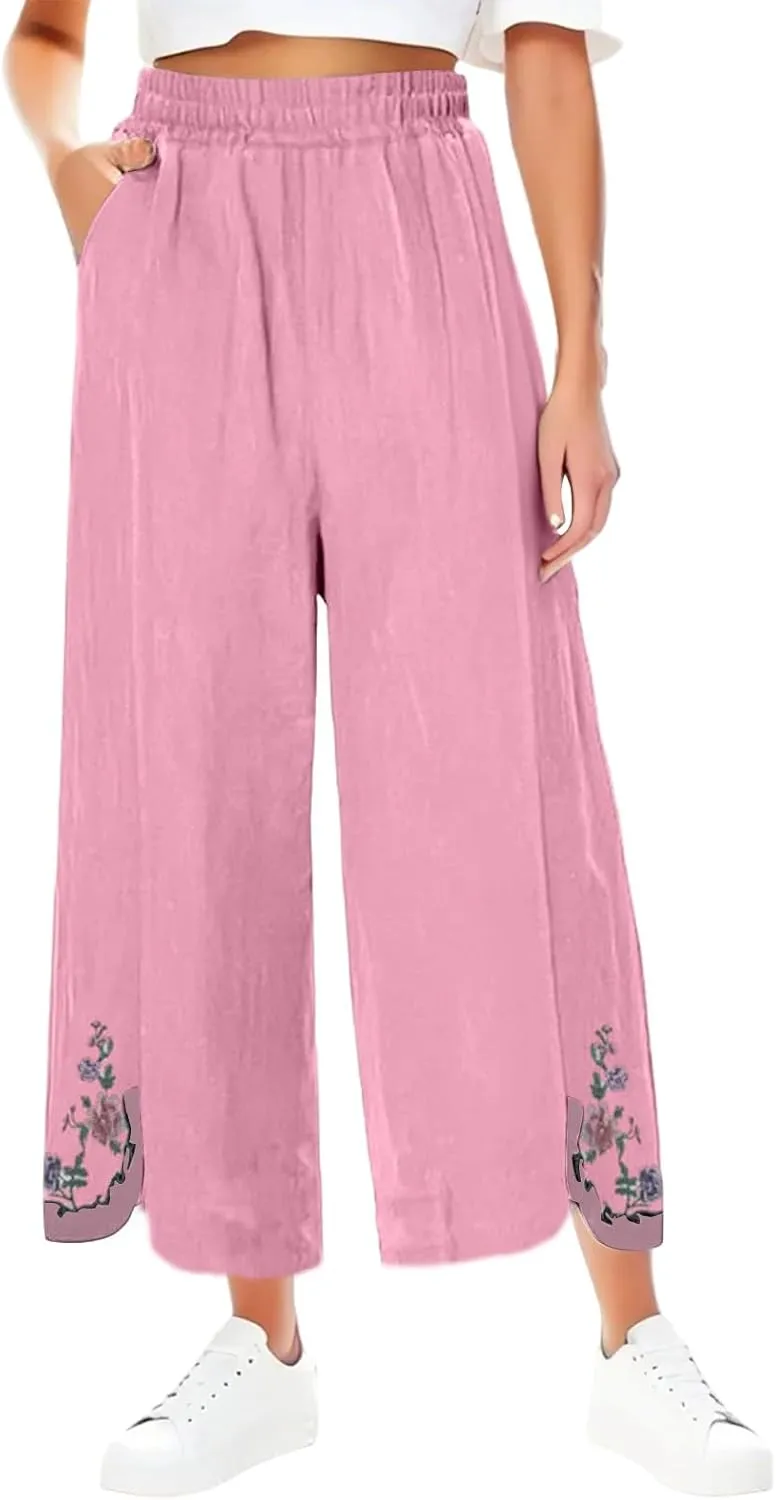 Women's Summer Solid Color Embroidery Linen Wide Leg Pants Elastic Waist Casual Capris Palazzo Trousers with Pockets